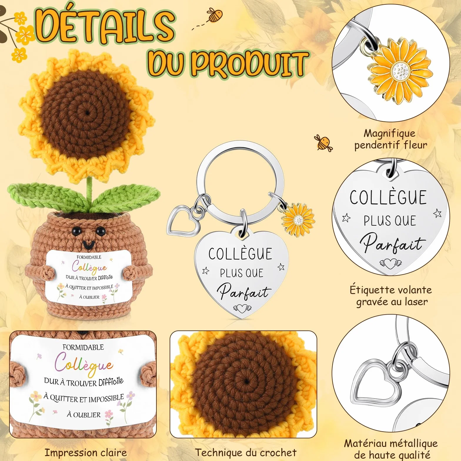 Porte Clés Collègue de Travail Tournesol au Crochet avec Carte de Vœux et Fleurs Séchées