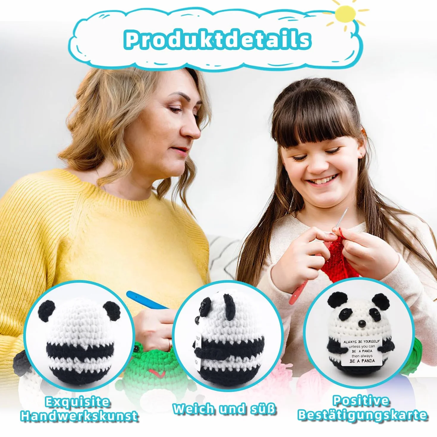 Poupée tricotée à la main en laine Mini Panda, cadeau positif avec carte inspirante pour femme