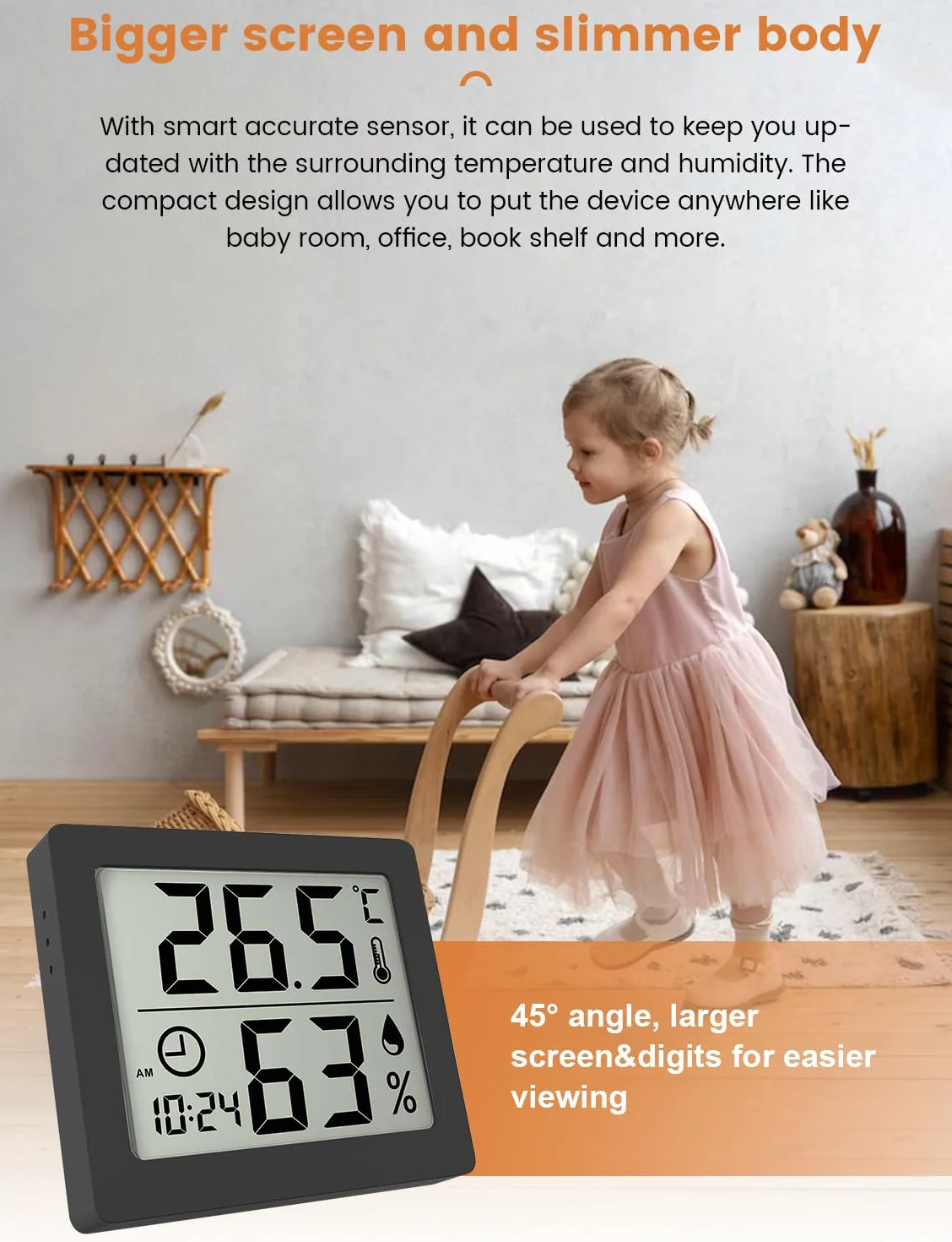 Thermomètre/Hygromètre Numérique Grand Écran LCD 3,1" Intérieur Moniteur Température Humidité avec Horloge Noir