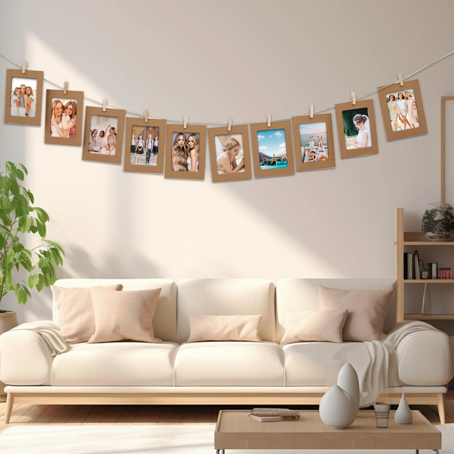 Lot de 40 cadres photo en carton papier kraft DIY 10x15 cm avec pinces en bois et cordes chanvre