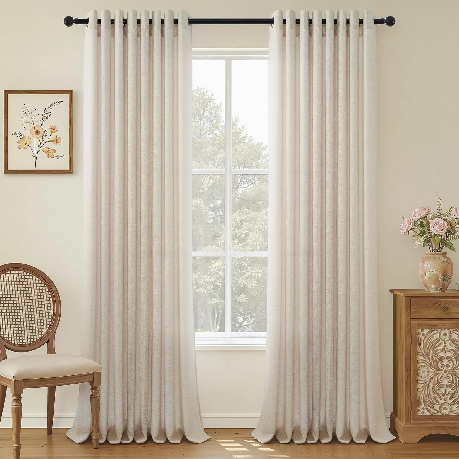 Topfinel Rideau Voilage Lin Beige 140x225cm Voilage Salon Chambre Boho Translucides Draperies Intérieurs 2pcs