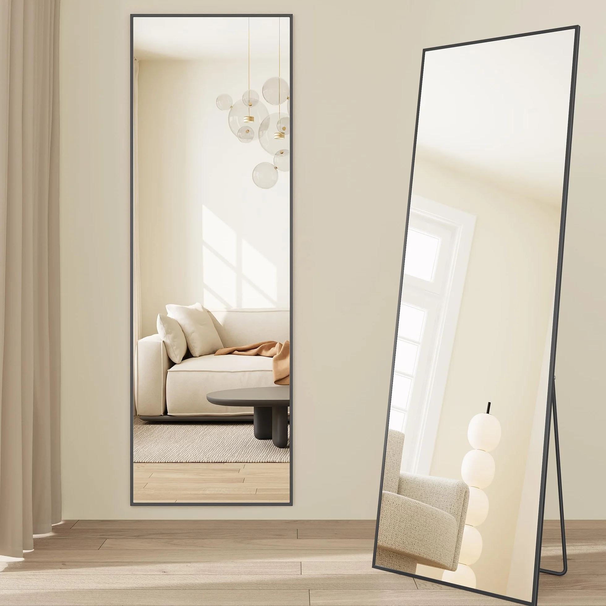 SONGMICS Miroir Intégral, Miroir Rectangulaire sur Pied, à Poser au Sol, Cadre en Alliage d’Aluminium, Verre Trempé, pour Chambre, Salon, Dressing, Coins Droits, 160 x 50 cm, Noir d'encre LFM050BD01