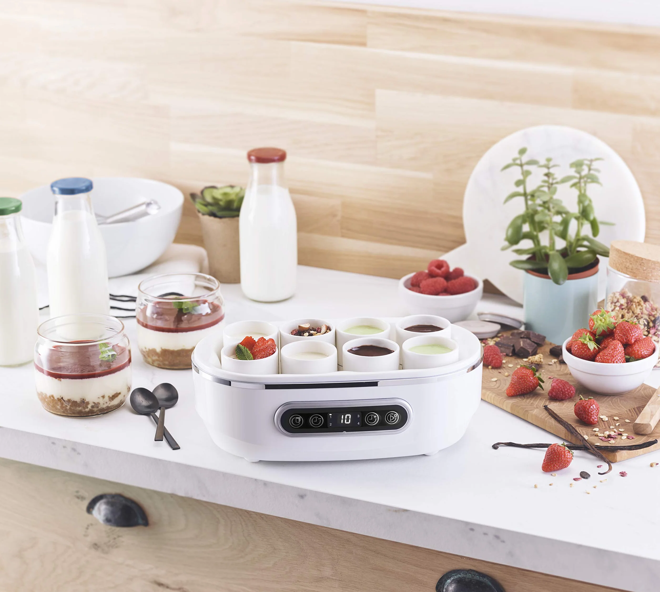 SIMÉO - Yaourtière YVA640 20W pour Yaourts Maison Classiques, aux Boissons Végétales et Desserts - 8 Pots Céramiques 125ml, 2 Pots Verres 500ml - 30x17x15,3 cm - Blanc