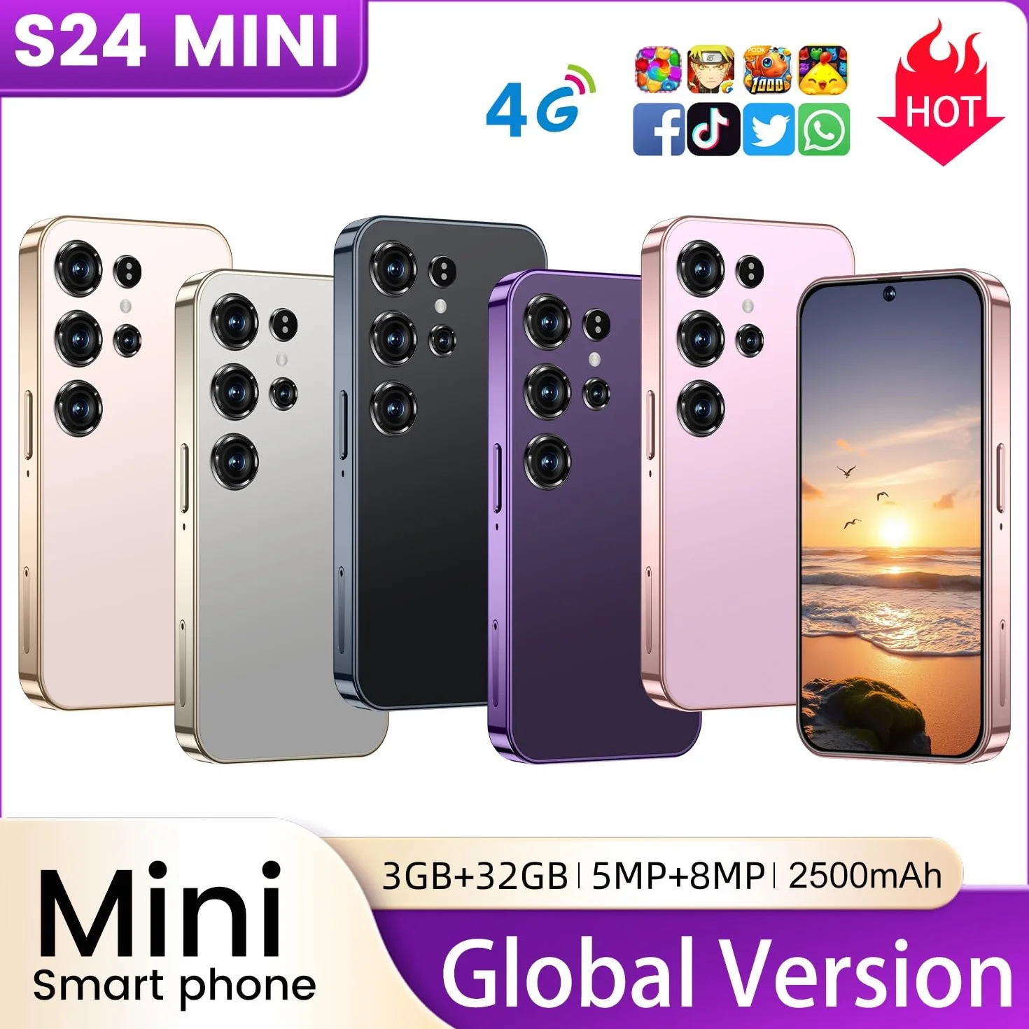 Mini smartfon dla dzieci, 4,0", mały ekran HD, 3 GB RAM + 32 GB ROM, 4G Dual SIM, Android 10.0, WiFi, Bluetooth, FM, GPS (X24mini różowy)