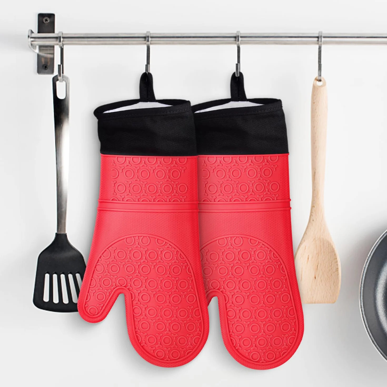 Sopito Gants de Four Résistant à la Chaleur Silicone Antidérapant Extra Long 1 Paire Rouge