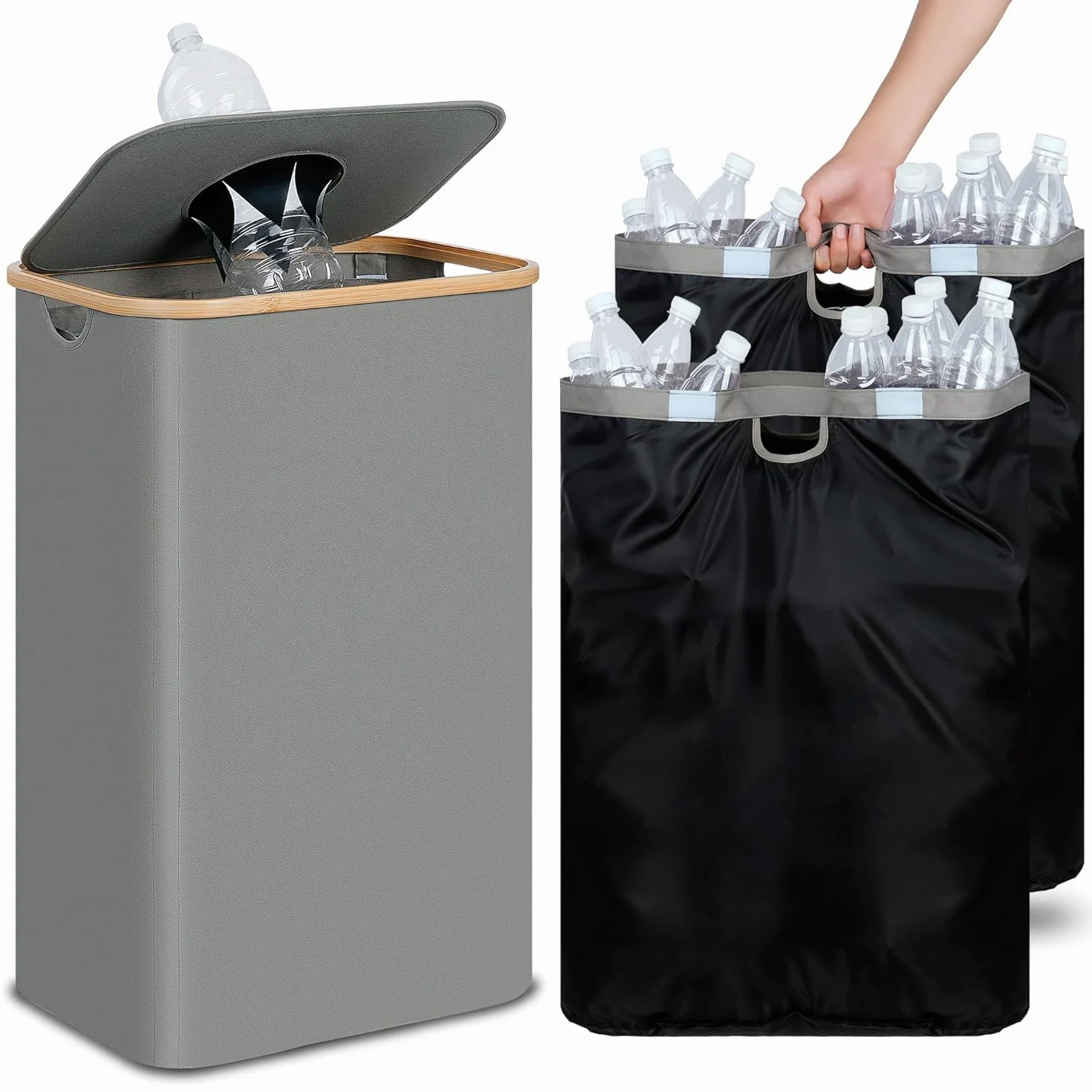 Poubelle de Recyclage 100L avec Couvercle, Collecteur de Bouteilles Consignées avec Deux Sacs de Transport