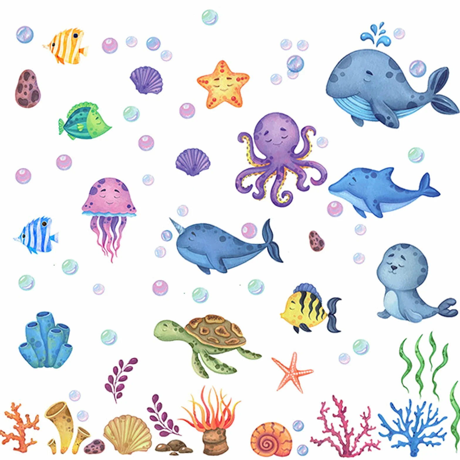 Stickers Muraux Sous la Mer Poisson Tropical pour Salle de Bain Enfant Chambre Bébé Salon