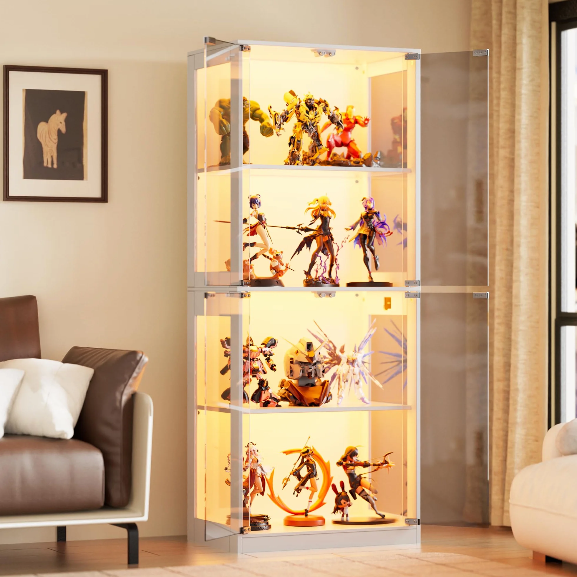 MSFE Vitrine en Verre avec LED, Vitrine pour Collection avec Capteur Intelligent, 4 Couches Multifonction en Verre Debout,Armoir Moderne, Armoire de Salon, Capacité de Charge par Couche: 15 kg, Blanc