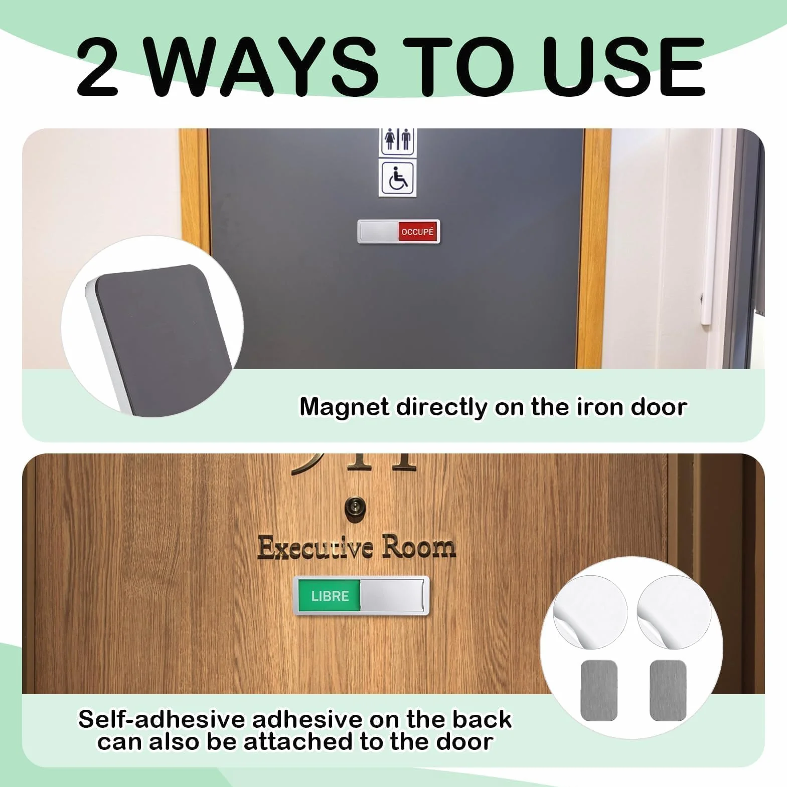Panneaux de Porte Libre/Occupé Magnétiques Argent 17,7x5,2cm Pour Toilettes École Bureaux