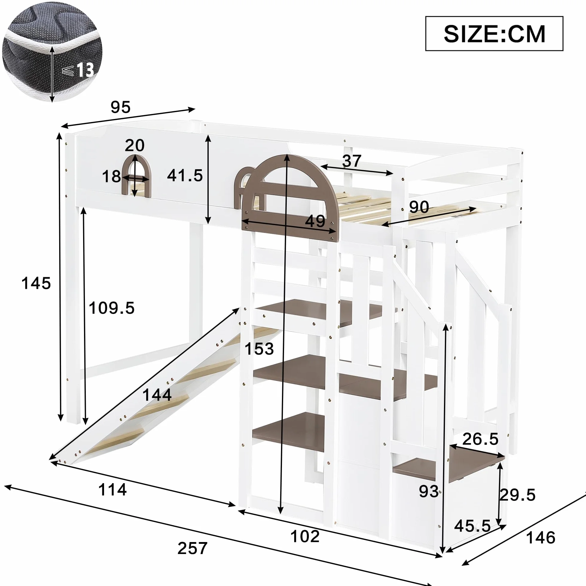 Zepneiy Lit Enfant 90x200 avec Toboggan et Rampe, Lit Superposé Enfant avec 2 casiers dans l'escalier et fenêtre, Pin et MDF Blanc (sans Matelas)
