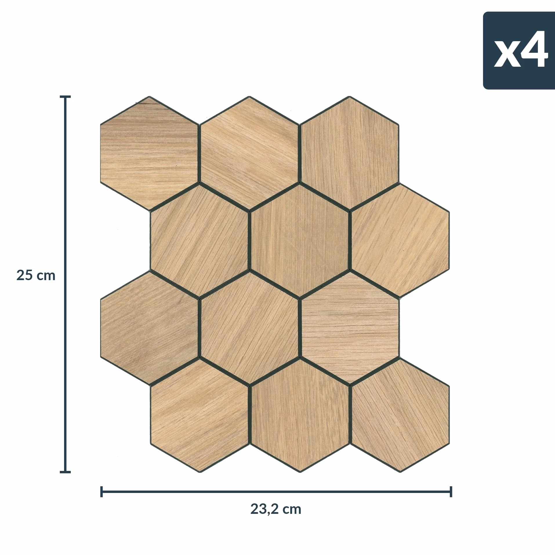 Crédence Adhésive Cuisine Hexa Effet Bois 4 Pièces 25 x 23,2 cm 3D Imperméable