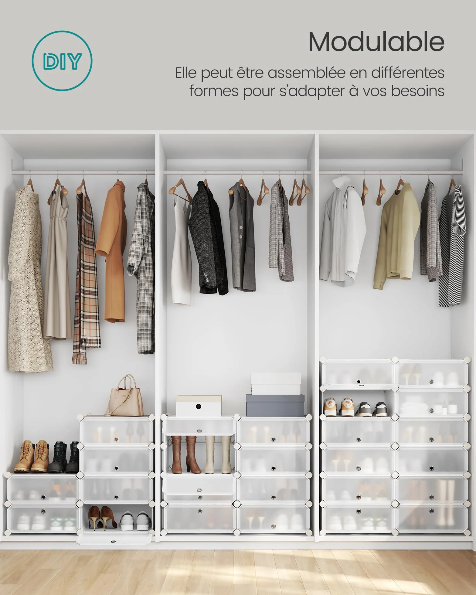SONGMICS Étagère à Chaussures enfichable Système d'étagères Organisateur de Chaussures DIY Étagère avec Porte en Plastique PP 10 Niveaux Blanc LPC010WH01
