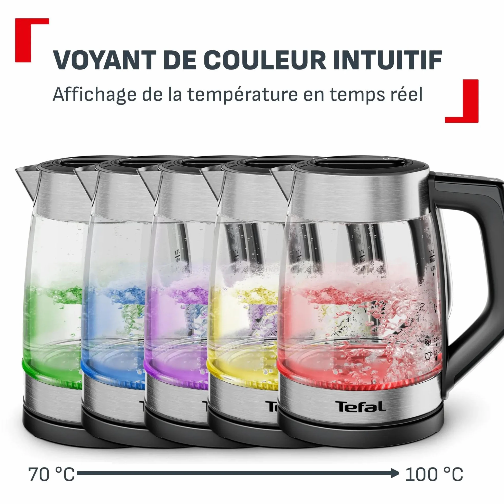 Tefal Express, Bouilloire en verre électrique, Réglages sur la poignée, 1,7 L, 5 niveaux de température, Suivi en temps réel, KO760DE0