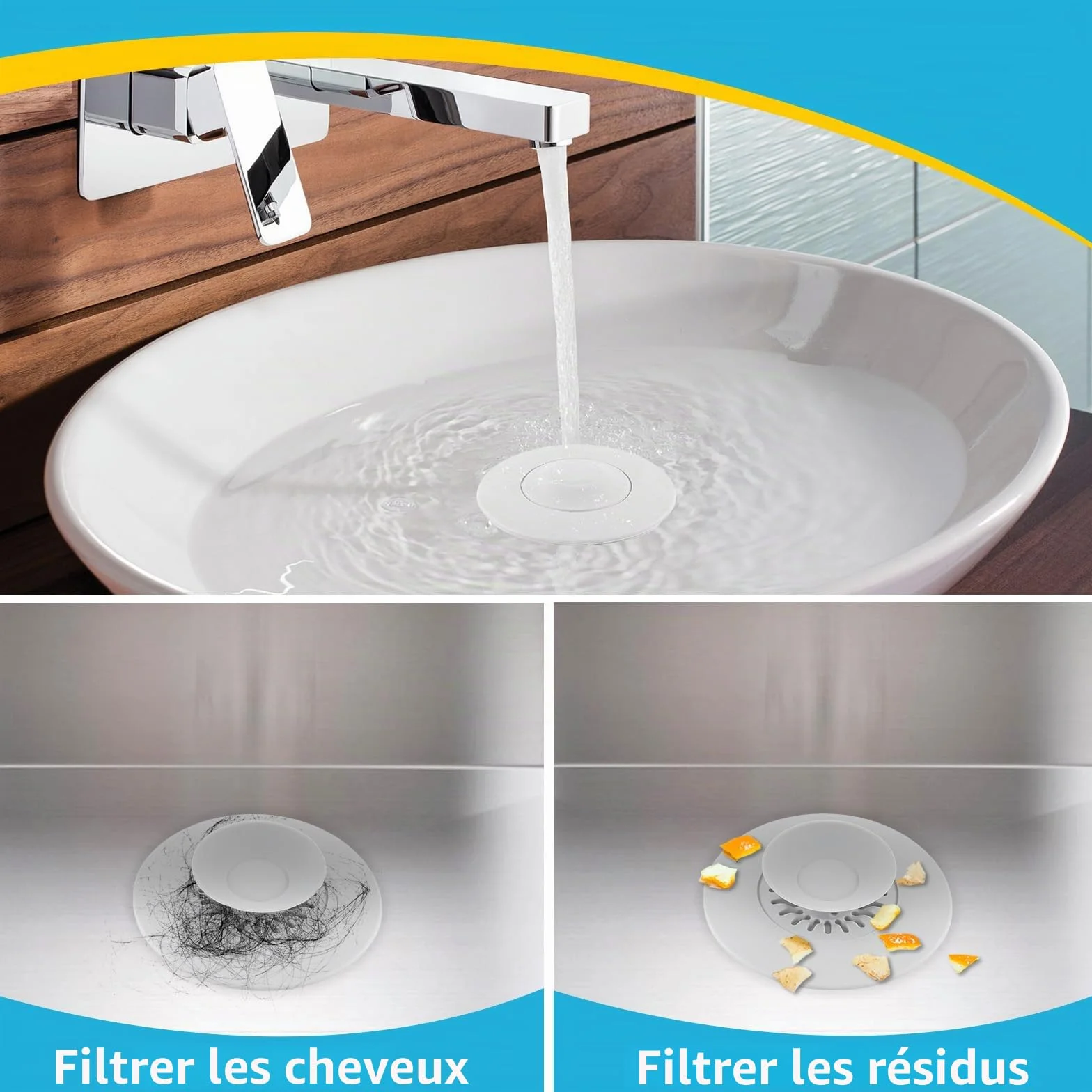 Bouchon Baignoire Silicone 3 Pièces Pliable - Bouchon d'écoulement Universel avec Filtre pour Éviers et Baignoires
