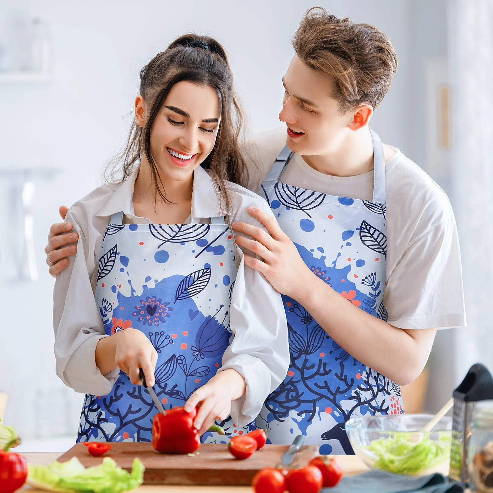Viedouce Tablier de Cuisine Etanche Réglable avec Poches Bleu