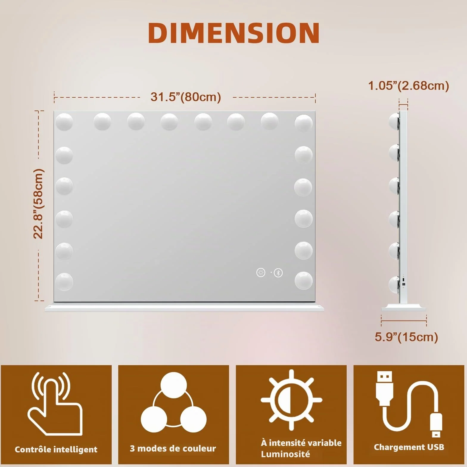 FENCHILIN Miroir Hollywood Bluetooth avec éclairage 18 Ampoules LED dimmable Grand Miroir de Maquillage avec éclairage Hollywood Miroir de Maquillage avec lumière Miroir grossissant 10x et USB