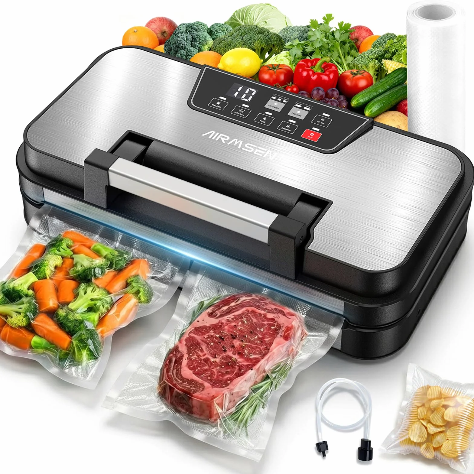AIRMSEN 95 kPa Machine sous vide avec fonction gonflage, modes Sec/Humide, double scellage 30 cm, coupe-sac intégré, rouleau & bac amovible – conserve les aliments jusqu’à 8× plus longtemps