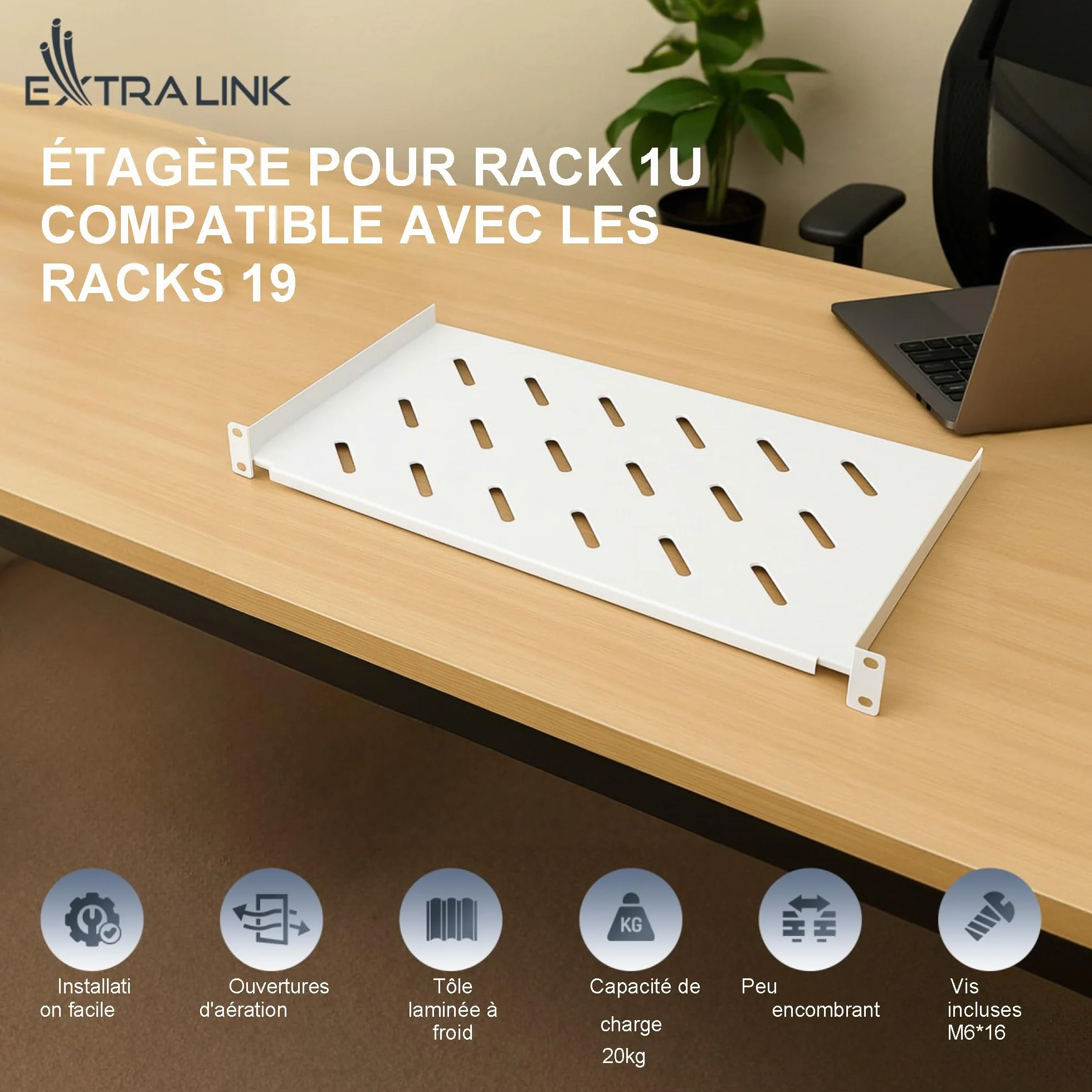 Extralink Étagère Rack Serveur 19 Pouces 1U 350 mm Plateau Cantilever Universel Ventilé Gris