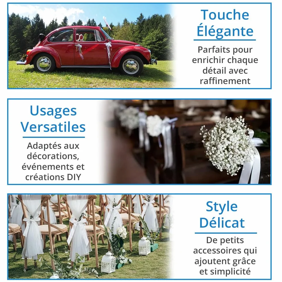 50 Noeuds Voiture Mariage Ruban Satin Noeuds d'Antenne Facile Attacher - Blanc 25x12cm