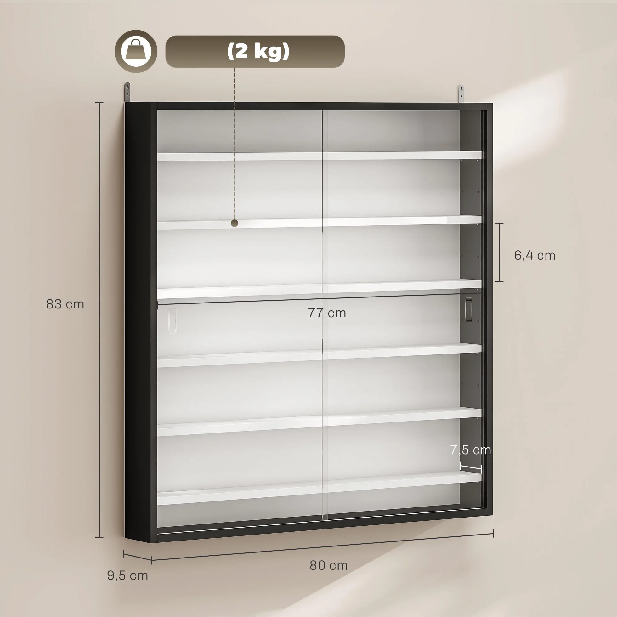 HOMCOM Vitrine pour Collection vitrine Murale 80 x 9,5 x 83 cm avec 6 étagères réglables en Hauteur et 2 Portes coulissantes en Verre, pour Collection de Figurines et Voitures Miniatures, Noir
