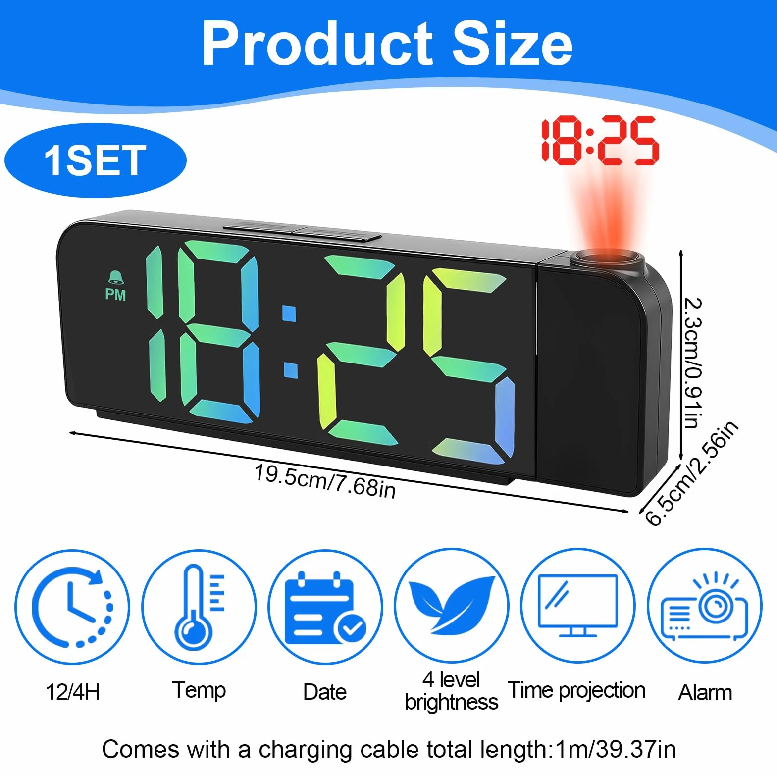 Projecteur Plafond Réveil 180° AVCE Thermomètre 7.7" Horloge Digitale LED 3 Luminosités Réglable Snooze Noir