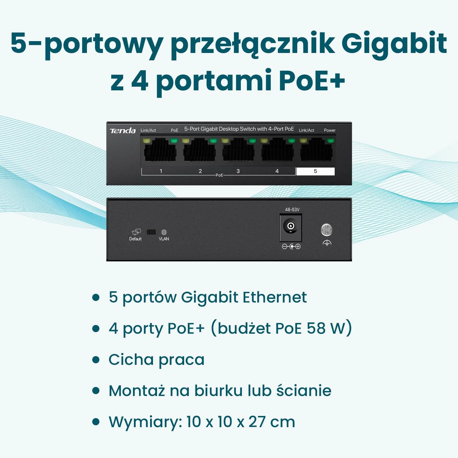 Tenda Przełącznik PoE Gigabit 5-Portowy, 4 Porty PoE+ @58 W (VLAN, IEEE 802.3af/at, Bez Wentylatora, Niezarządzany, Montaż Na Biurku/Na Ścianie, Obudowa Metalowa) (TEG1105P-4-63W)