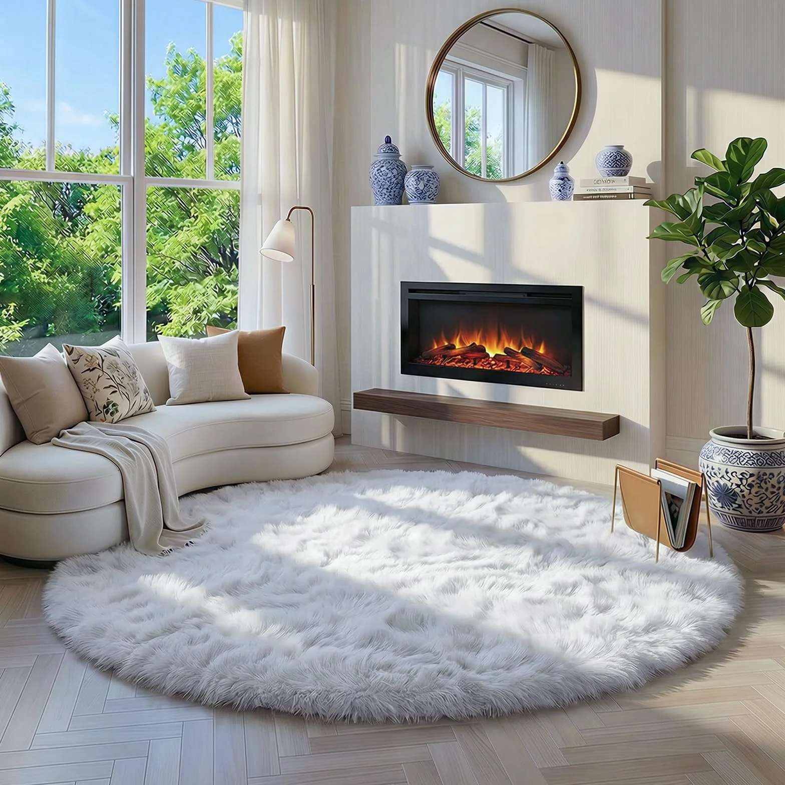 Tapis Rond Moelleux Blanc Chambre à Coucher Peluche Mignon