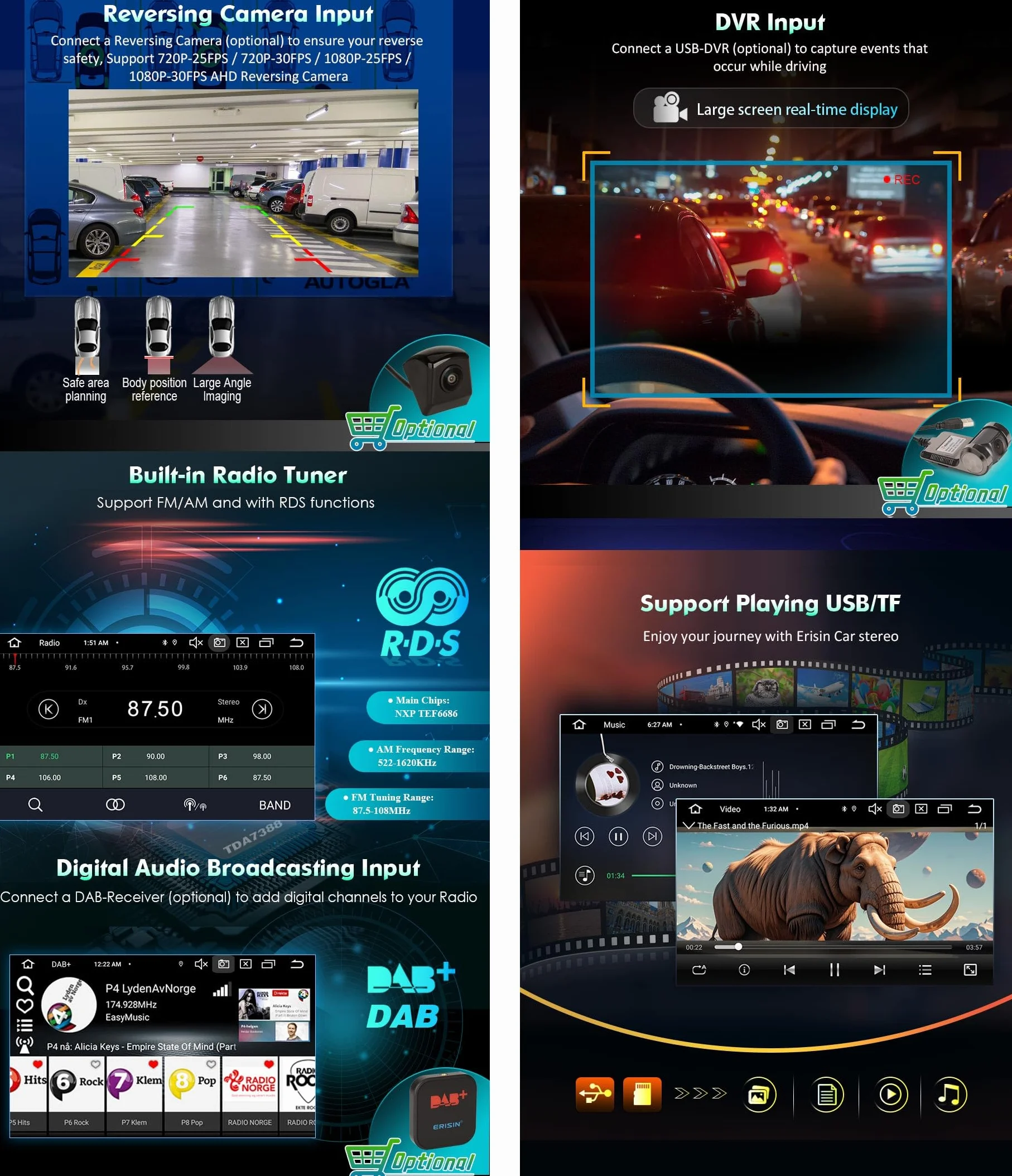 erisin 8-rdzeniowy system Android 14 radio samochodowe Bluetooth 5.0 nawigacja do FIAT Panda IPS ekran dotykowy bezprzewodowy Carplay DSP WiFi Dab+ SWC Canbus Radio GPS Navi DVR OBD2