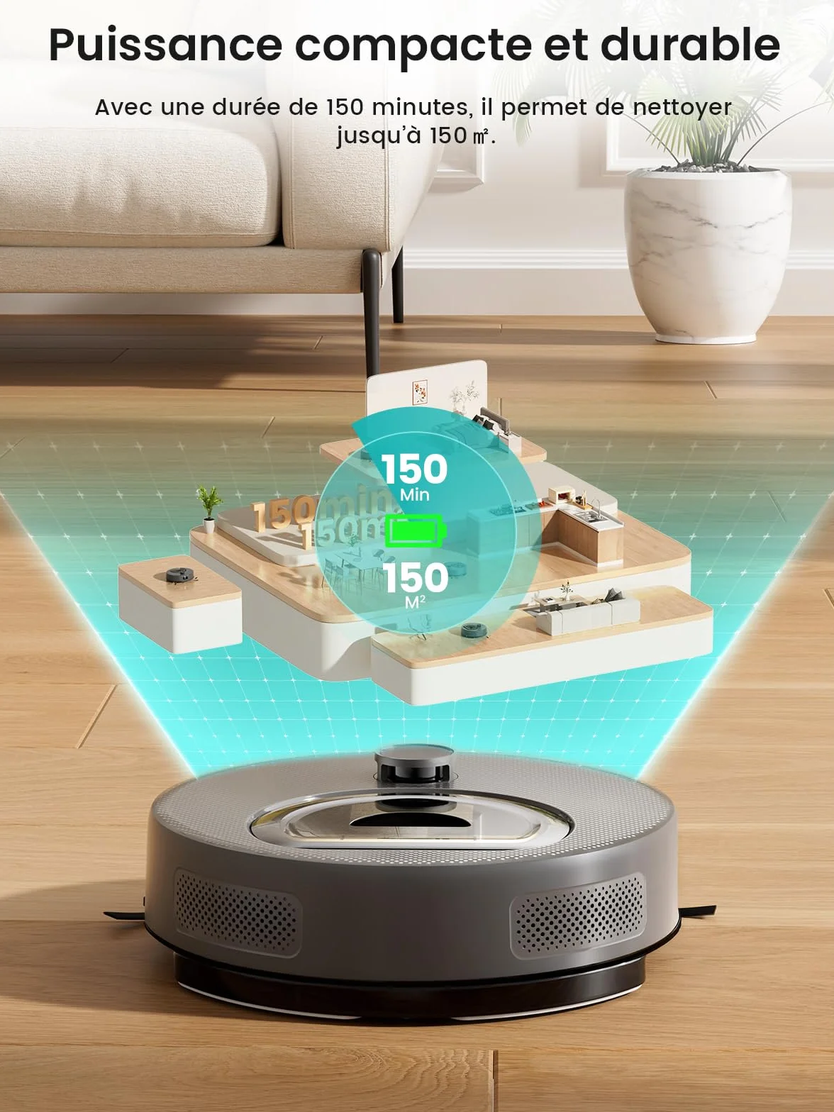 Lefant M330 Plus Aspirateur Robot Laveur 3en1, 5000Pa, 150Min, Système Freemove 3.0, Anti-emmêlement, Navigation LiDAR Précise, Zone Interdite Intelligente, 3 Niveaux d'Aspiration, APP/Alexa, Gris