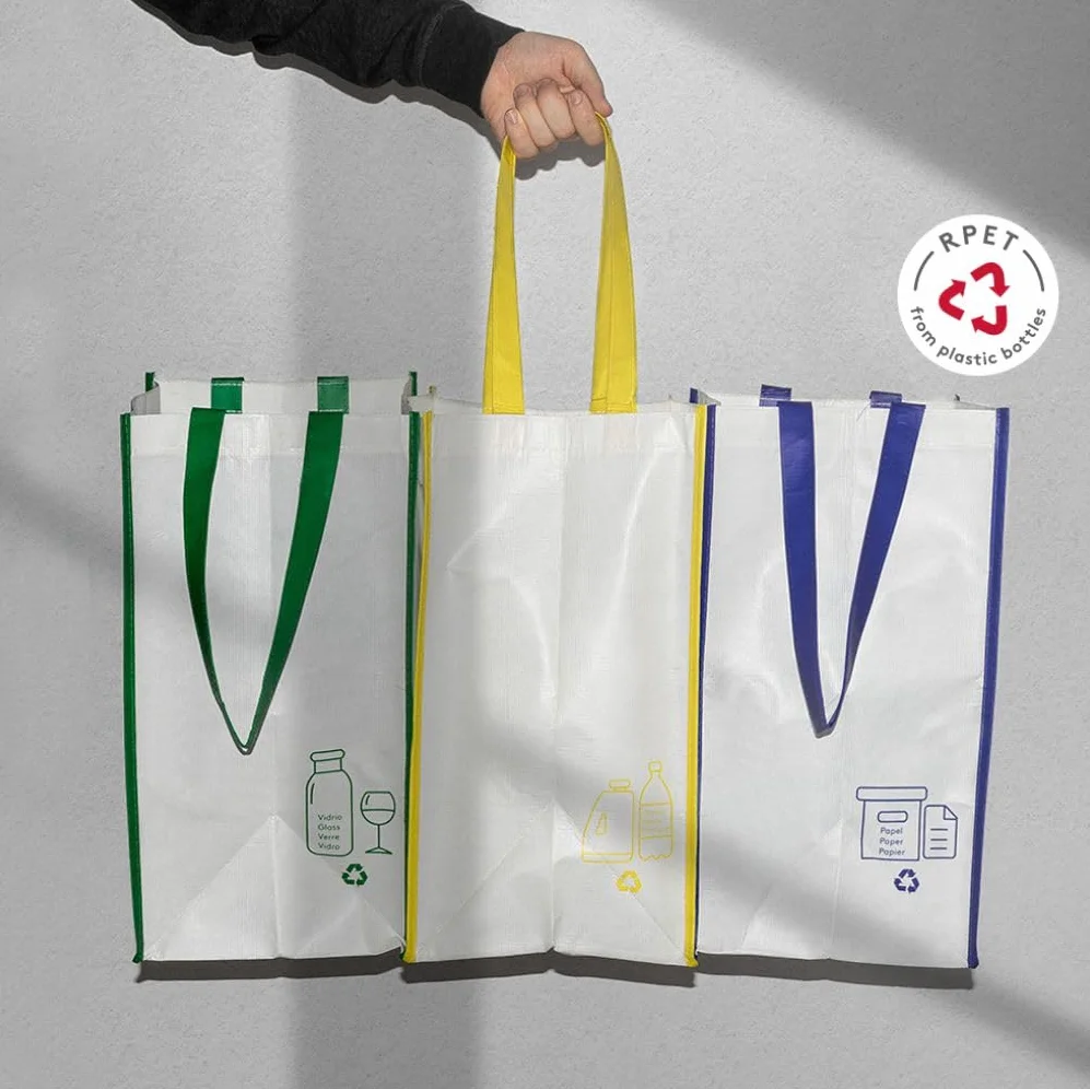 Sacs de recyclage 23L Lot de 3 Bleu Vert Jaune Rubans Poignées Durables Plastique Verre Papier Carton
