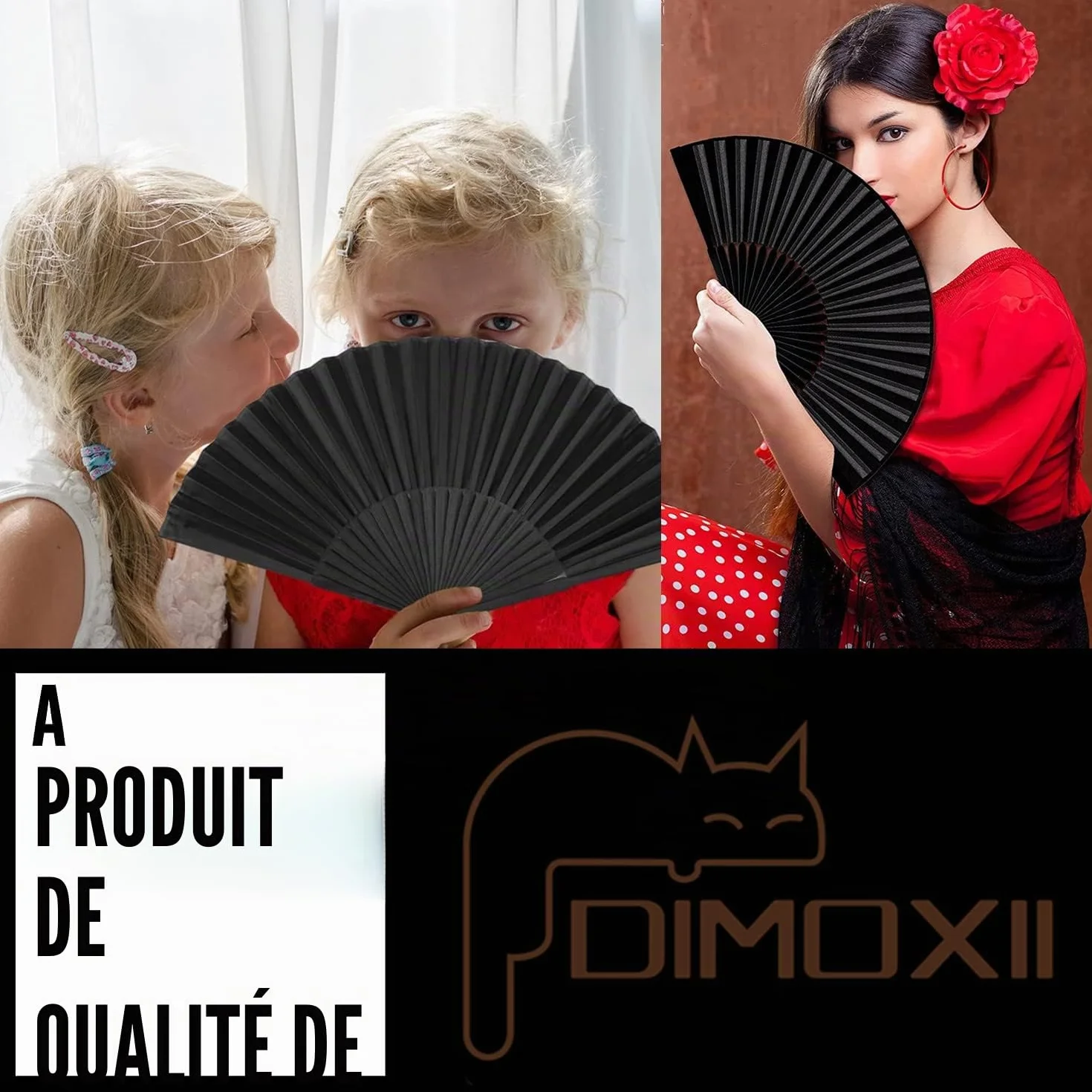 Éventail Japonais Chinois en Bambou Noir avec Sacs de Rangement, Pliable de Poche