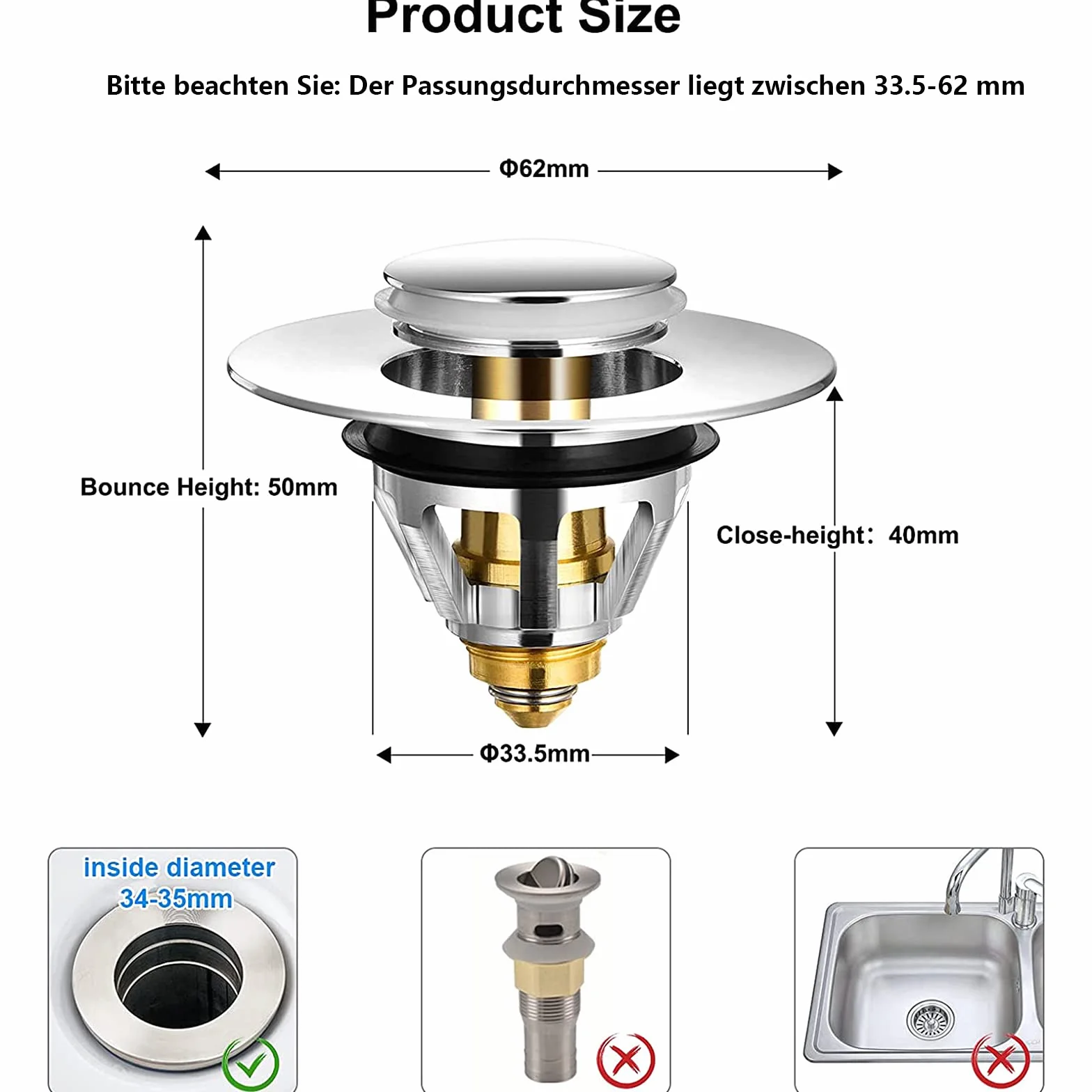 Bouchon Lavabo Universel Bonde Acier Inoxydable Popup 32 38 mm