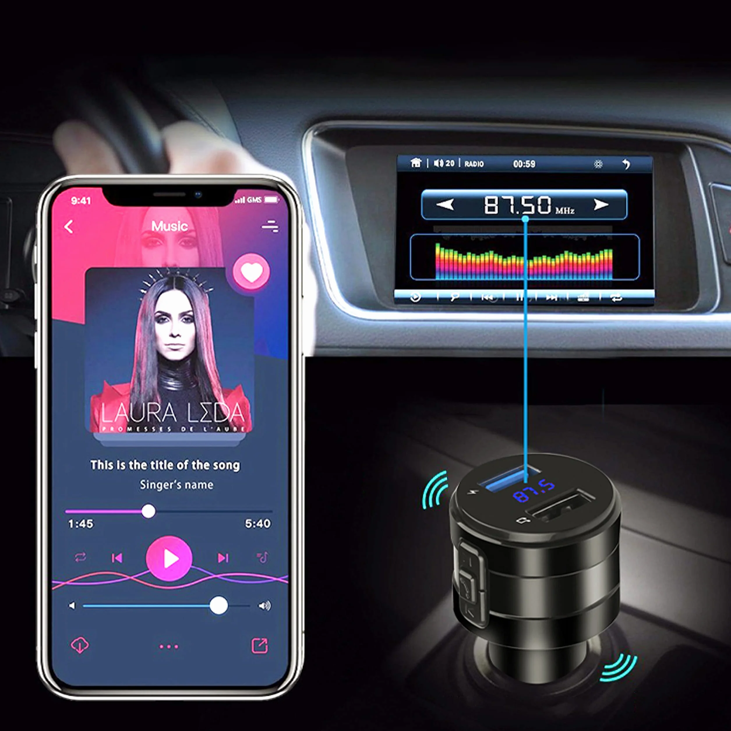 Retoo Adapter Bluetooth, Nadajnik FM Samochodowy, Bezprzewodowy QC 3.0, Szybka Ładowarka, Adapter do Radia FM z Wyświetlaczem i Zestawem Głośnomówiącym