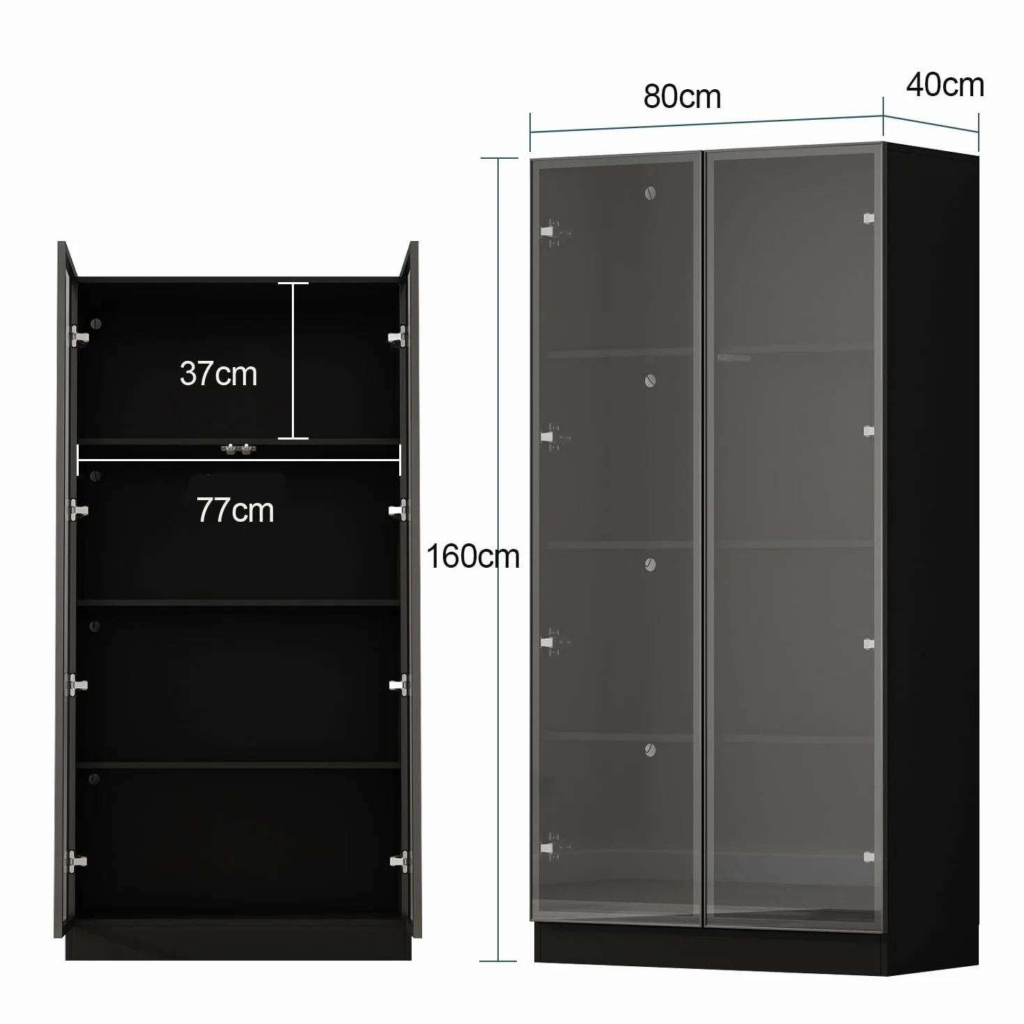 Vitrine en Verre avec éclairage,Meuble de Rangement avec Etagères,Armoire Multifonction en Verre Debout avec étagères à 4 Niveau, Armoire de Salon,40 x 160 x 80 cm,Noir
