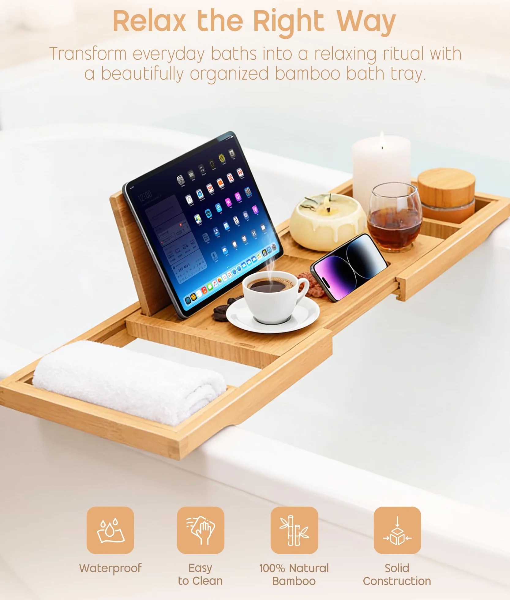 ADOV Pont de Baignoire Extensible en Bambou Naturel avec Porte-Bougie, Verre, Livre, Téléphone, Antidérapant