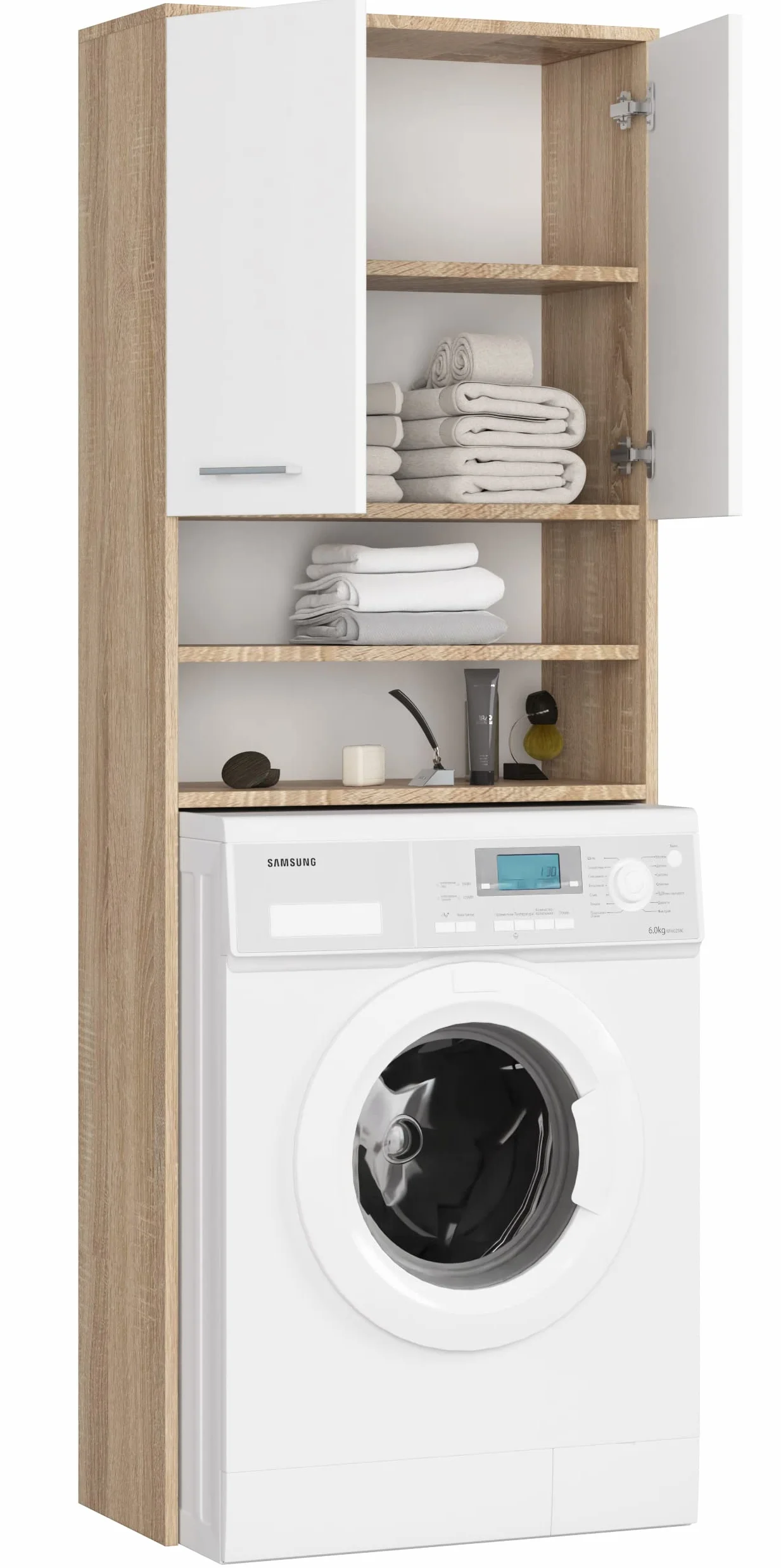 AKORD Meuble Buanderie Machine à Laver | L64 x H180 x P30 cm Poids 30 kg | Meuble pour Lave Linge avec Étagère 2 Portes 2 Casiers de Rangement Machine a Laver | Meubles de Salle de Bain