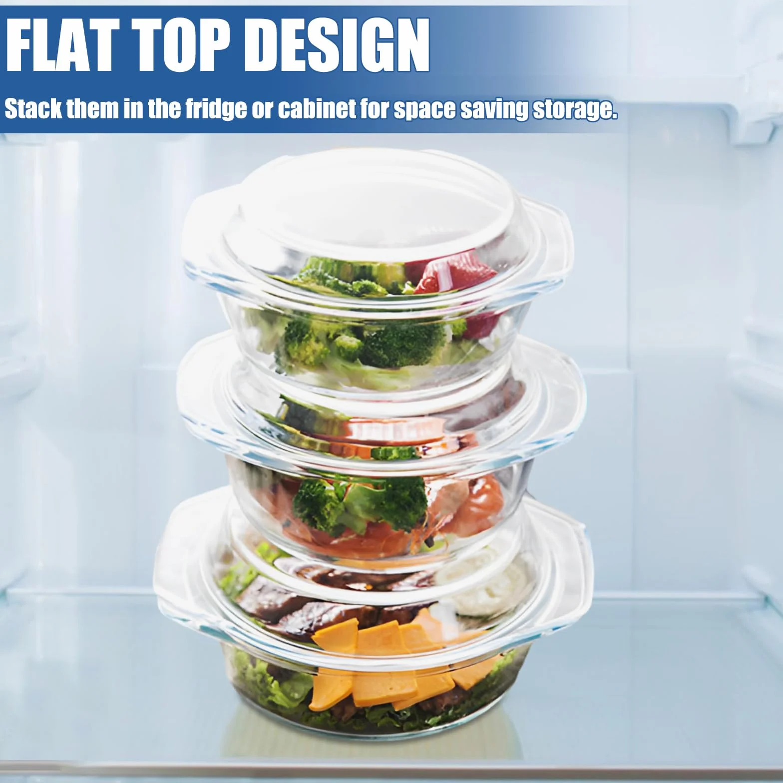 DAJAVE Lot de 3 couvercles ronds en verre avec couvercle et poignées pour salade de fruits, viande