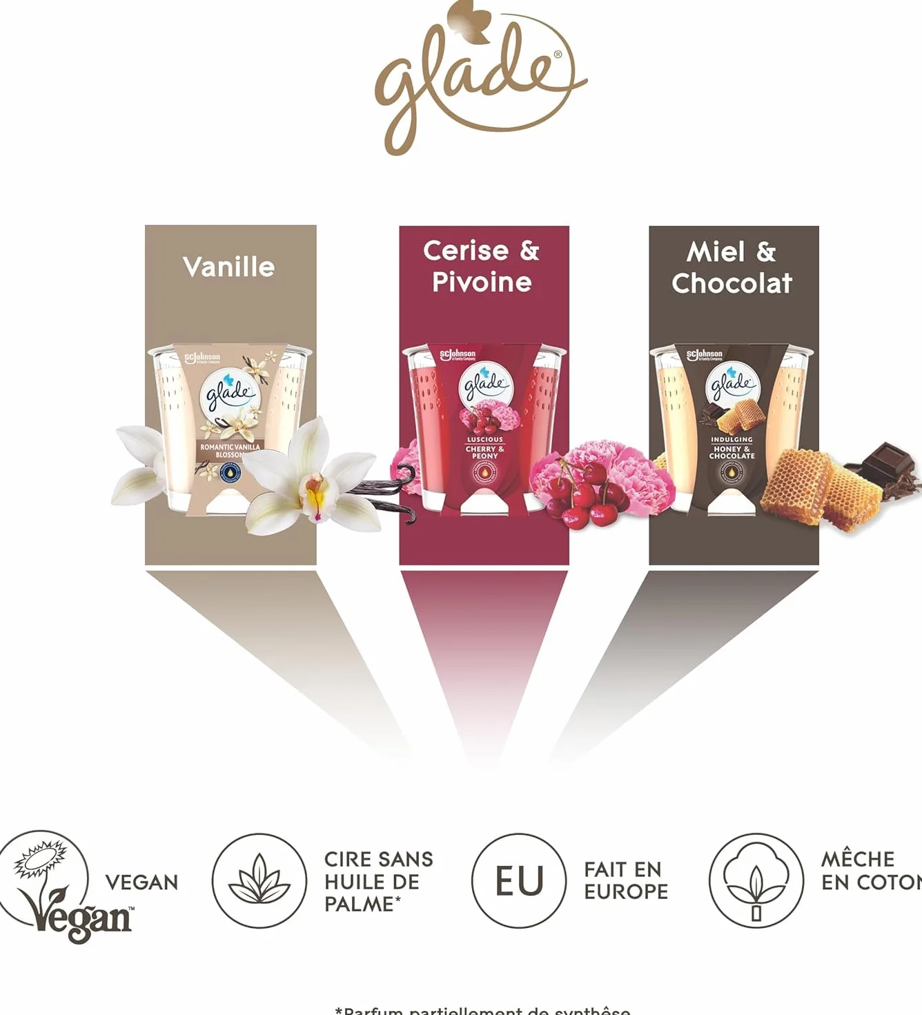 Glade Bougie Vegan Parfum Infusé Huiles Essentielles Romantic Vanilla Blossom 1 Bougie