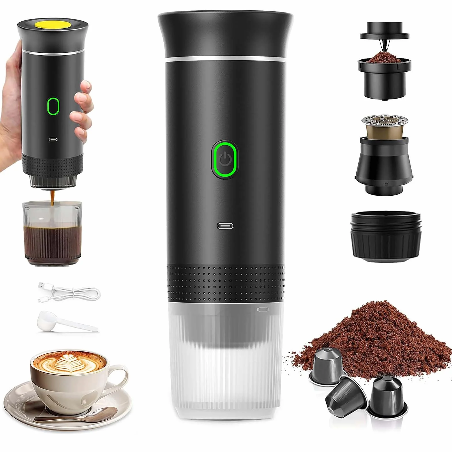 PZCC Machine à Café Portable de Voyage, Chauffage Rapide 3 En 1 Cafetiere Portable 12V, Chauffage Rapide, Compatible avec Grandes et Petites Capsules et Café Moulu, Pour Voyage (Noir)