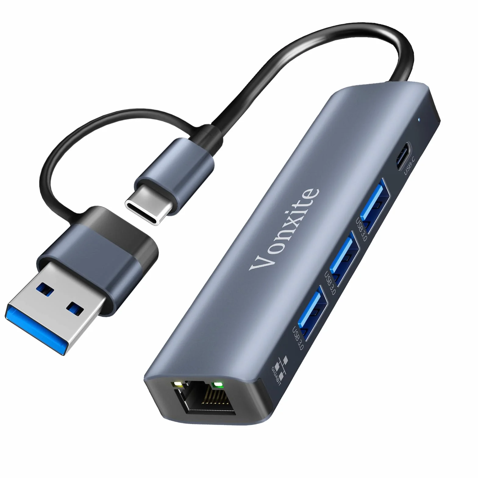 Adaptateur USB Ethernet 5 en 1 Type-C vers RJ45 Gigabit 1000 Mbps HUB LAN 3 Ports USB 3.0