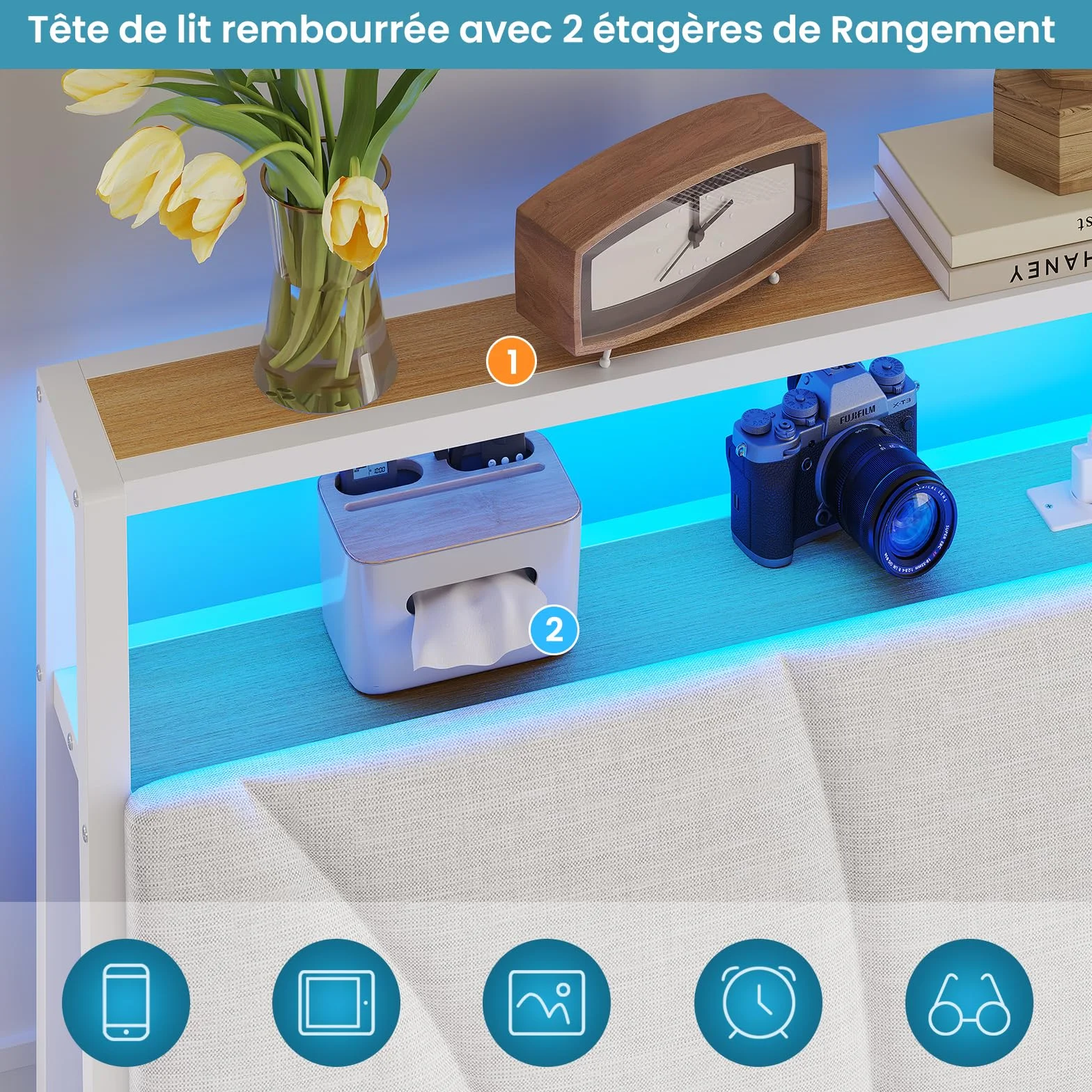 Brinlawb Cadre de Lit 140 x 190 avec Sommier en Métal, Lit 2 Personnes avec Lumières LED et Multiprise (2 Prises AC,2 Ports USB) lit Double 140x190cm avec Rangement, Facile à Assembler, Moderne, Blanc