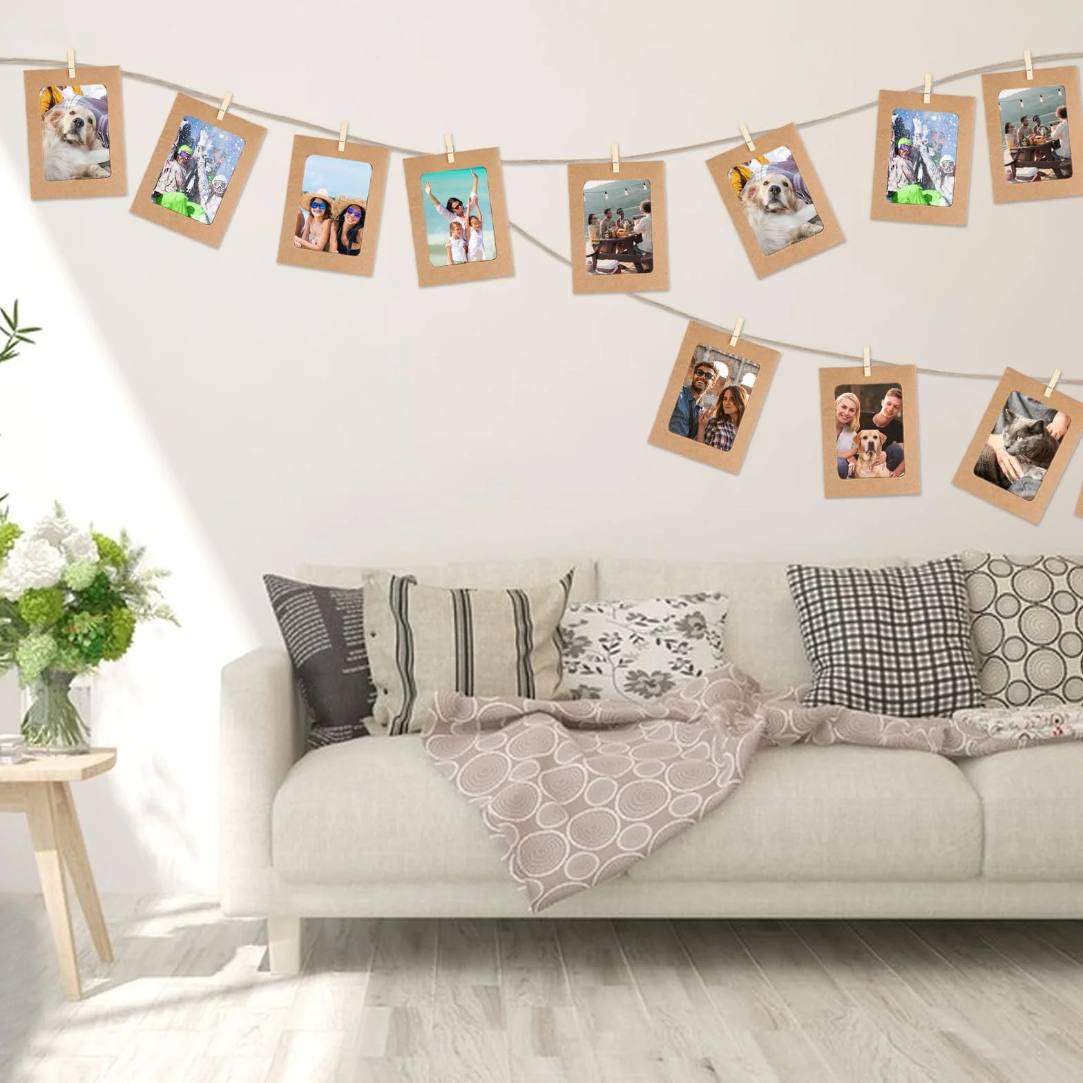 Cadres en Carton Kraft Papier avec Pinces en Bois et Corde de Chanvre, Décoration Murale (jaune lin)