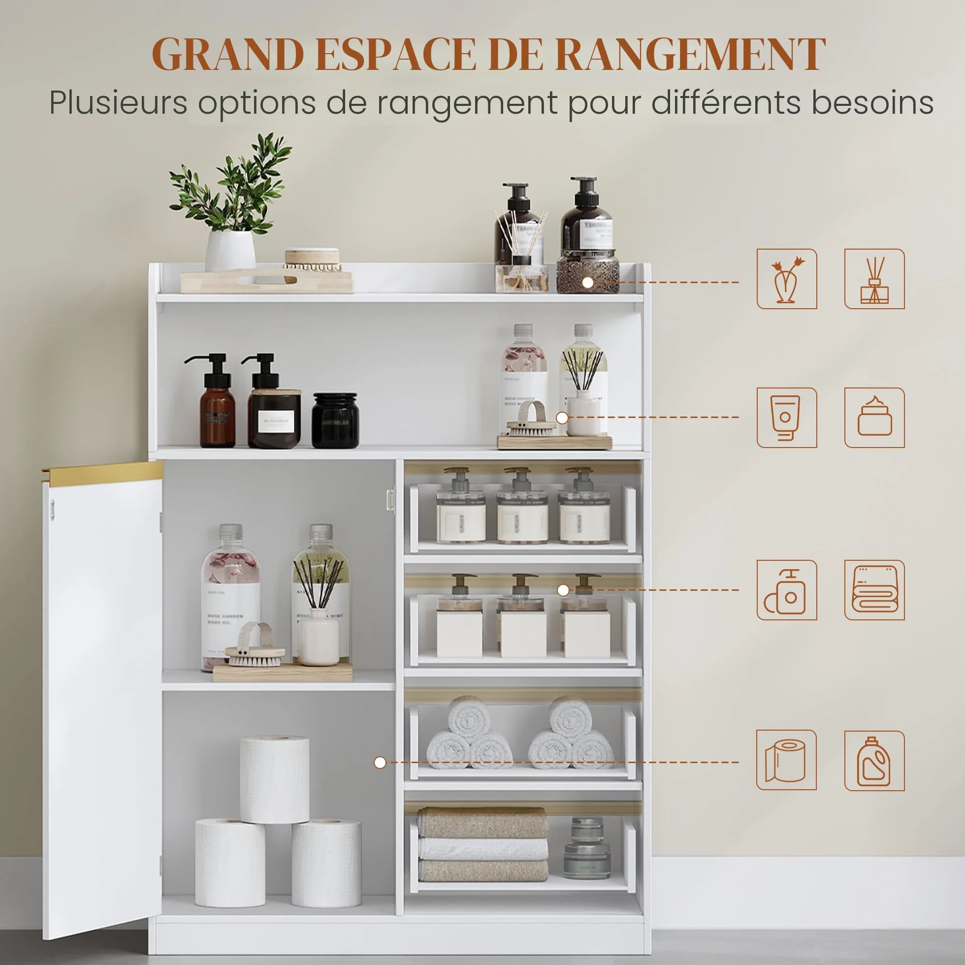 HEXCELEN Meuble Salle de Bain, Meuble Salle de Bain Rangement, Placard de Rangement avec 4 Tiroirs, Armoire Haut Salles de Bains, Étagères Réglables, Salles de Bains, Le Salon, Blanc, 30 x 80 x 110 cm