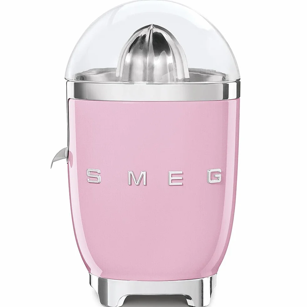 Smeg, Presse Agrumes Électrique CJF11PKEU, Pressage Manuel à Pression, Bec Anti-goutte et Cône Universel, Base Antidérapante, Range Cordon Intégré, 70W, Rose