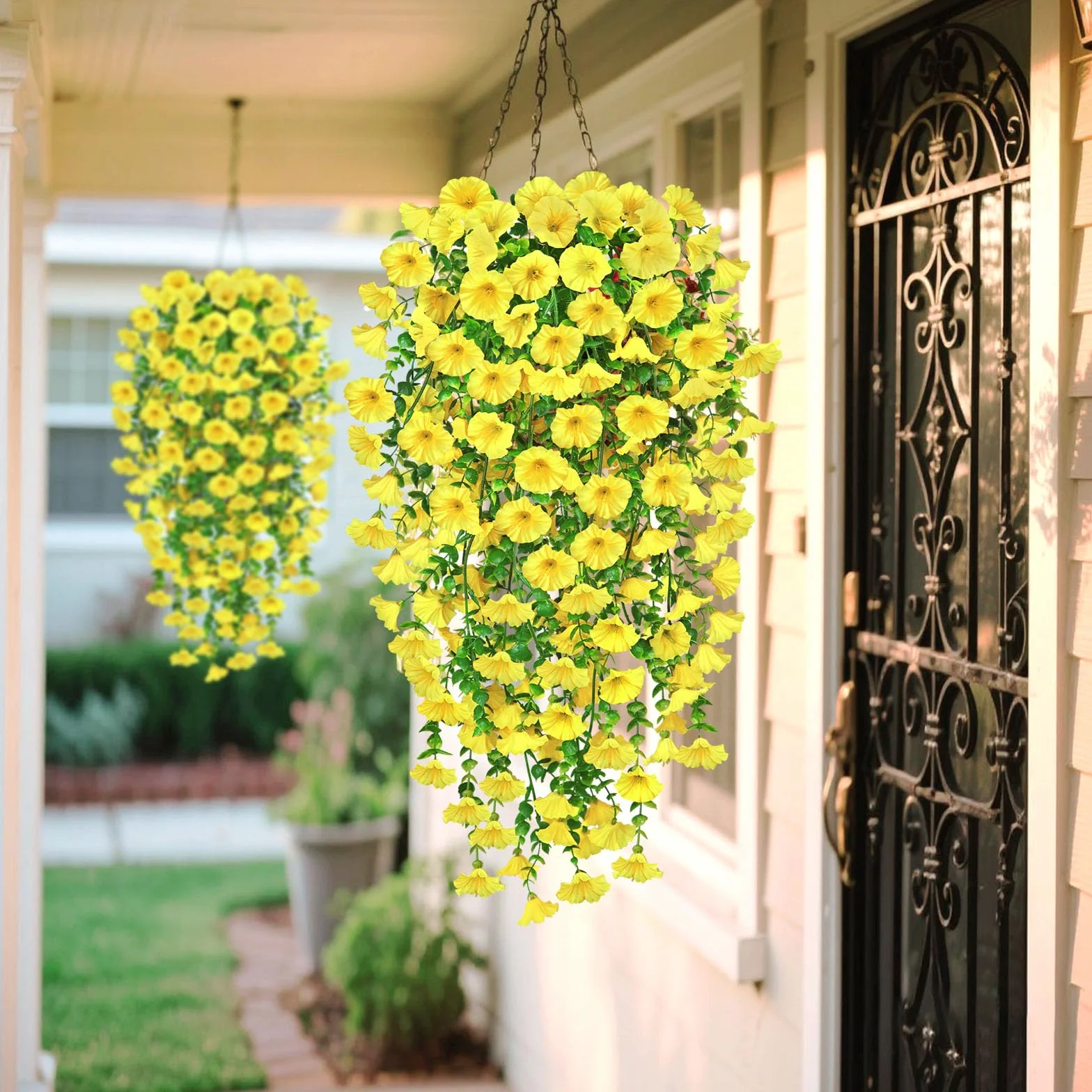 YSUVIN Fleurs Artificielles 2 Pièces Pétunia Plante Suspendue Extérieur Résistant UV Jaune