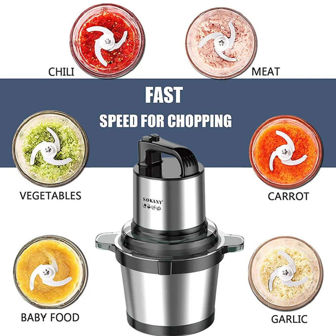 SOKANY Hachoir Électrique Mini hachoir a viande electrique Avec Bol Acier Inox, robot mixeur petit Avec 2 niveaux de vitesse et 4 Lames en inox (SK-7028, 800W, 4L)