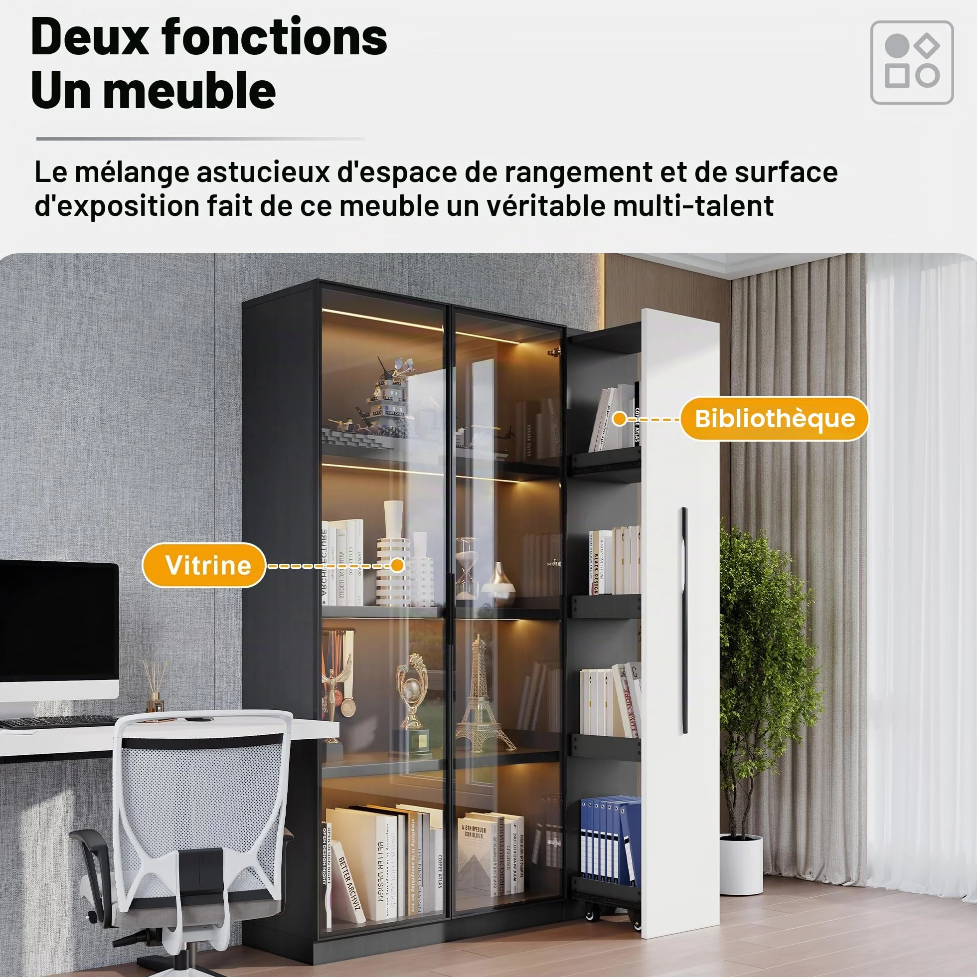 Merax Armoire multifonction 110,5 × 35 × 160 cm, vitrine avec LED, extension latérale, armoire à roulettes, bibliothèque, armoire de salle de bain, pour salon, bureau, salle à manger, noir et blanc
