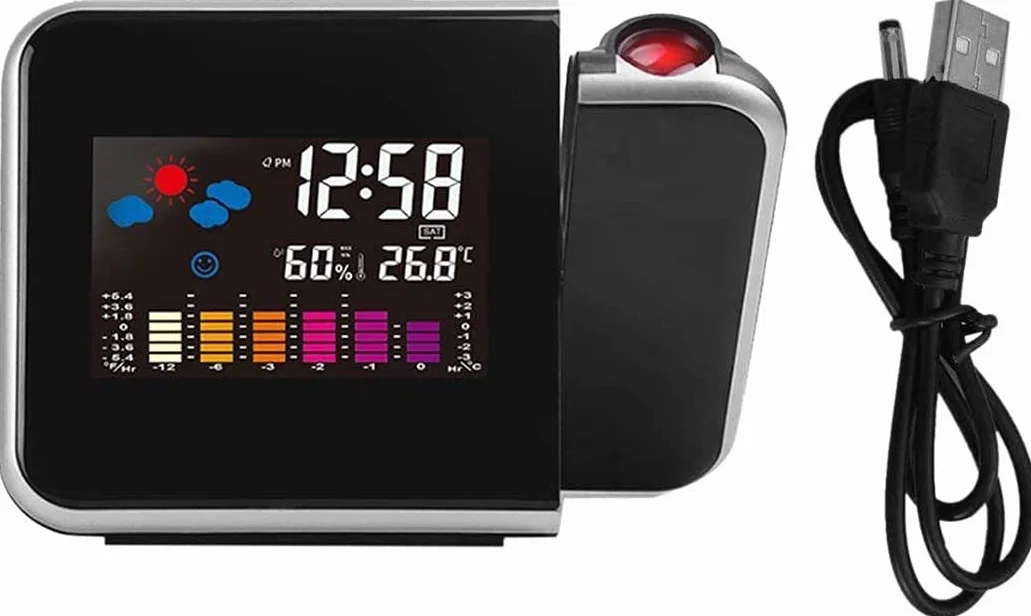 Réveil Projection Plafond Numérique LED avec Station Horaire LCD Température Date Charge USB 12/24h Noir