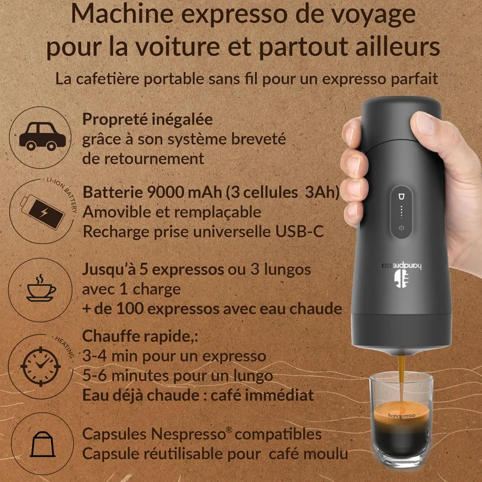 Handpresso Auto Set | cafetiere de voyage à batterie USB-C | capsule expresso & capsule réutilisable café moulu | malette compacte - cafetiere portable - 2 tasses - poubelle - cable USB - serviette