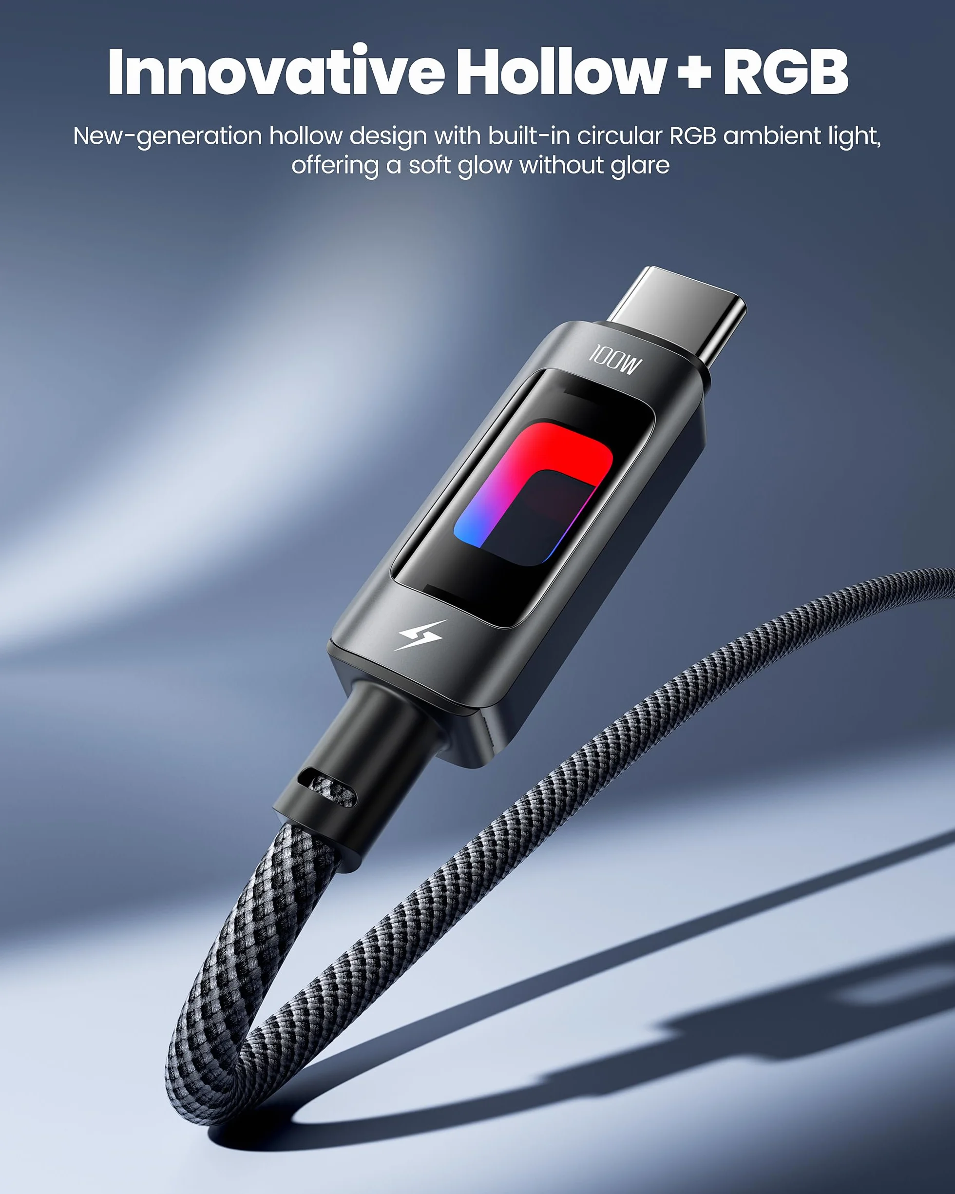 Toocki Kabel USB-C PD 100W 2M, Przewodnik Wietrzny z RGB, 480Mbps Przesyłanie, Odporny na Złamanie, Kompatybilny z iPhone17/Galaxy S25/Laptopami
